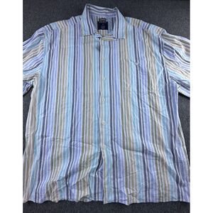 Trust Shirt Mens 3X White‎ Blue Beige Striped Button Down Linen Short Sleeve